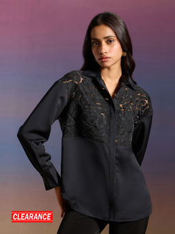 RSVP by Nykaa Fashion - Black Jacquard And Satin Panel Full Sleeves Straight Shirt