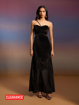 RSVP by Nykaa Fashion - Black Waist Cut Out Asymmetric Strap Maxi Gown