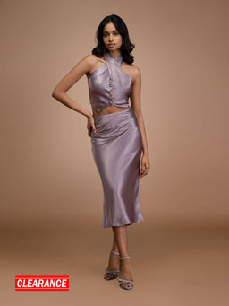 RSVP by Nykaa Fashion - Grey Halter Neck Crop Top Column Midi Skirt Co-Ord