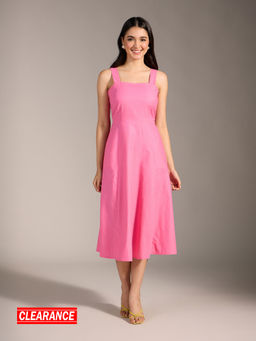 Twenty Dresses by Nykaa Fashion - Candy Pink Scallop Neck Fit and Flare Linen Midi Dress