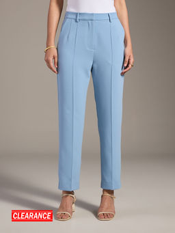 Twenty Dresses by Nykaa Fashion - Work Light Blue Solid Pin Tuck Tapered Trousers