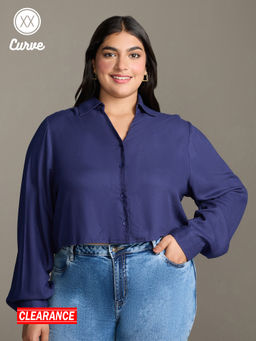 Twenty Dresses by Nykaa Fashion - Curve Midnight Blue Solid Pointed Collar Crop Shirt
