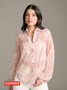 Twenty Dresses by Nykaa Fashion - Peach and White Floral Print Pointed Collar Shirt