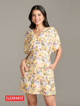 Twenty Dresses by Nykaa Fashion - Yellow Floral Print Batwing Sleeves Short Dress
