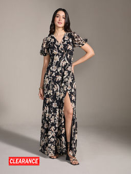 Twenty Dresses by Nykaa Fashion - Black Multicolor Floral Flared Maxi Dress