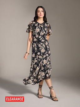 Twenty Dresses by Nykaa Fashion - Black Multicolor Floral Ruffled Asymmetric Hem Dress