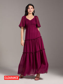 Twenty Dresses by Nykaa Fashion - Wine Solid Flared Sleeves Tiered A Line Maxi Gown