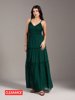 Twenty Dresses by Nykaa Fashion - Green Solid Strappy Tiered A Line Maxi Gown