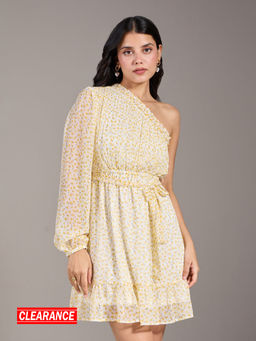Twenty Dresses by Nykaa Fashion - White Floral Print One Shoulder Ruffle Flared Short Dress