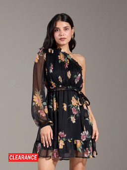 Twenty Dresses by Nykaa Fashion - Black Floral Print One Shoulder Ruffle Flared Short Dress