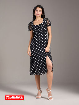 Twenty Dresses by Nykaa Fashion - Black And White Polka Print Sweetheart Neck Midi Dress