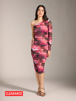 Twenty Dresses by Nykaa Fashion - Pink Abstract Print One Shoulder Ruched Mesh Dress