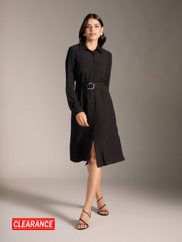 Twenty Dresses by Nykaa Fashion - Black Solid Full Sleeves Knee Dress with Belt (Set of 2)