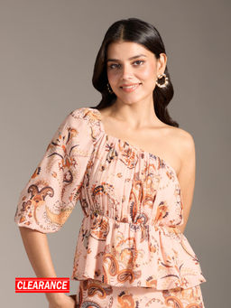 Twenty Dresses by Nykaa Fashion - Multicolor Paisley Printed One Shoulder Gathered Peplum Top