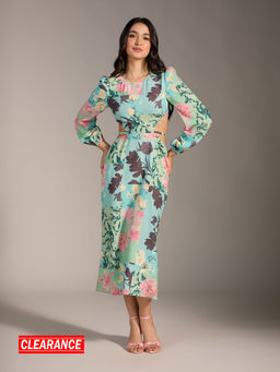 Twenty Dresses by Nykaa Fashion - Green Floral Print Round Neck Puff Sleeves Sheath Midi Dress