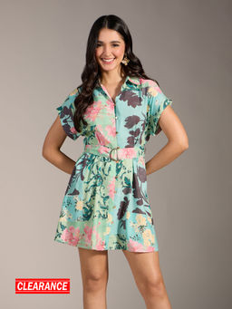 Twenty Dresses by Nykaa Fashion - Green Floral Print Short Sleeves Mini Dress with Belt