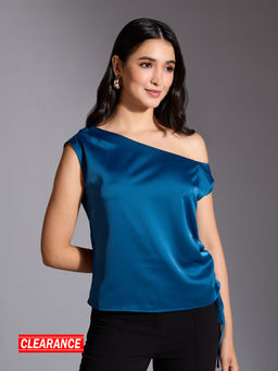 Twenty Dresses by Nykaa Fashion - Teal Solid Off Shoulder Ruched Top