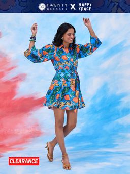 Twenty Dresses by Nykaa Fashion - Happi Space Blue Floral Mini Shirt Dress & Belt (Set of 2)