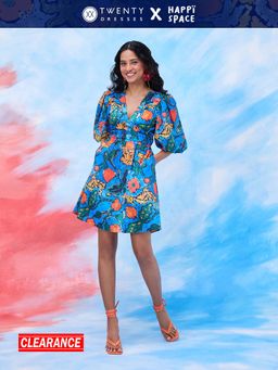 Twenty Dresses by Nykaa Fashion - Happi Space Blue Floral Print V Neck Flared Mini Dress
