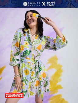 Twenty Dresses by Nykaa Fashion - Happi Space Purple Floral Mini Shirt Dress & Belt (Set of 2)