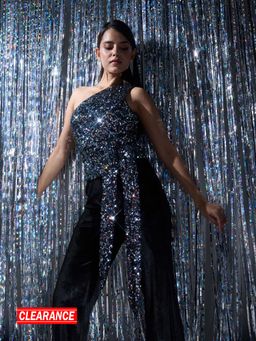 Twenty Dresses by Nykaa Fashion - Party Black and Silver Sequin Sleeveless One Shoulder Top