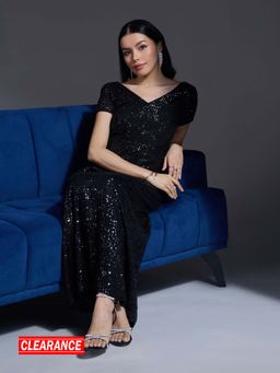 Twenty Dresses by Nykaa Fashion - Party Black Sequin V Neck Short Flared Sleeves Gown