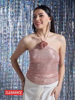 Twenty Dresses by Nykaa Fashion - Party Pink Sequinned Halter Neck Top