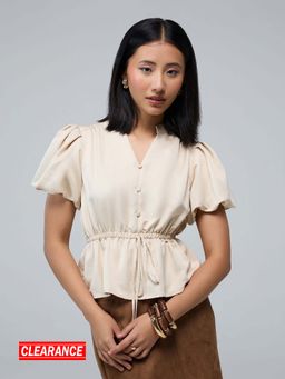 Twenty Dresses by Nykaa Fashion - Cream Satin Cinched Waist Puff Sleeves Peplum Top