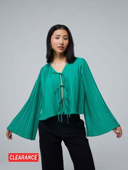 Twenty Dresses by Nykaa Fashion - Green Pleated Front Tie Up Flared Sleeves Top