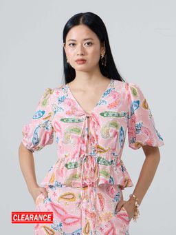 Twenty Dresses by Nykaa Fashion - Pink Printed V Neck Puff Sleeves Tie Up Front Peplum Top