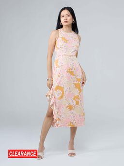 Twenty Dresses by Nykaa Fashion - Multicolor Floral Ruffled Asymmetric Hem Midi Dress