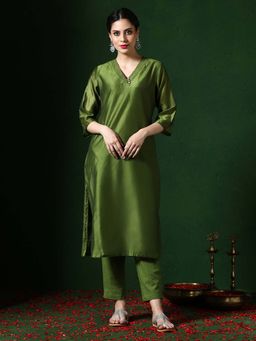 Jaipur Kurti - Women Olive Solid Kurta