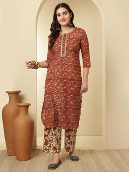 ANAISA - Women Maroon Printed Kurta with Pant (Set of 2)