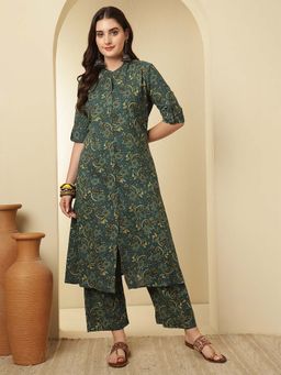 ANAISA - Women Green Floral Kurta with Pant (Set of 2)