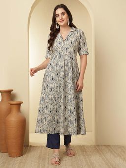 ANAISA - Women Beige Printed Kurta with Pant (Set of 2)