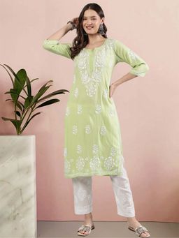 Seva Chikan - Women Green Embroidered Kurta