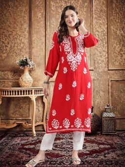 Seva Chikan - Women Red Embroidered Kurta