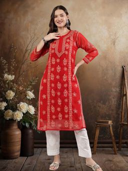 Seva Chikan - Women Red Embroidered Kurta with Slip (Set of 2)