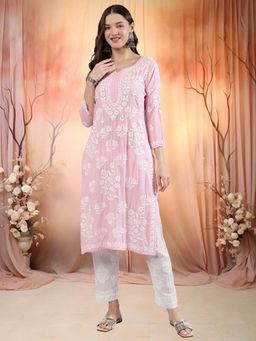 Seva Chikan - Women Pink Embroidered Kurta