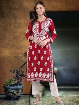 Seva Chikan - Women Maroon Embroidered Kurta