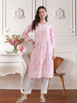 Seva Chikan - Women Pink Embroidered Kurta