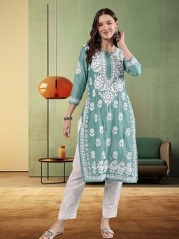 Seva Chikan - Women Green Embroidered Kurta