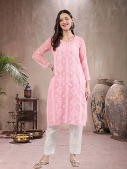 Seva Chikan - Women Pink Embroidered Kurta with Slip (Set of 2)