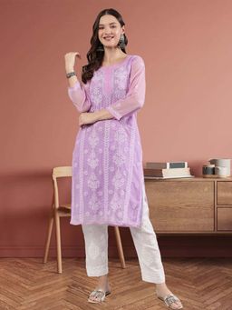 Seva Chikan - Women Mauve Embroidered Kurta with Slip (Set of 2)
