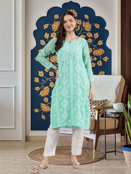 Seva Chikan - Women Green Embroidered Kurta with Slip (Set of 2)