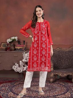 Seva Chikan - Women Red Embroidered Kurta with Slip (Set of 2)