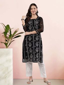 Seva Chikan - Women Black Embroidered Kurta with Slip (Set of 2)
