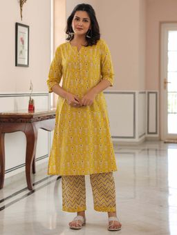 ARAMYA - Women Yellow Printed Kurta with Pant (Set of 2)