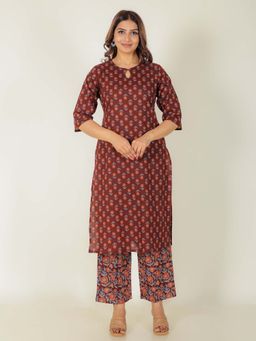 ARAMYA - Women Maroon Floral Kurta with Pant (Set of 2)