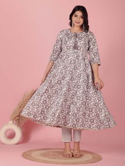 ARAMYA - Women Grey Printed Anarkali Kurta with Pant (Set of 2)